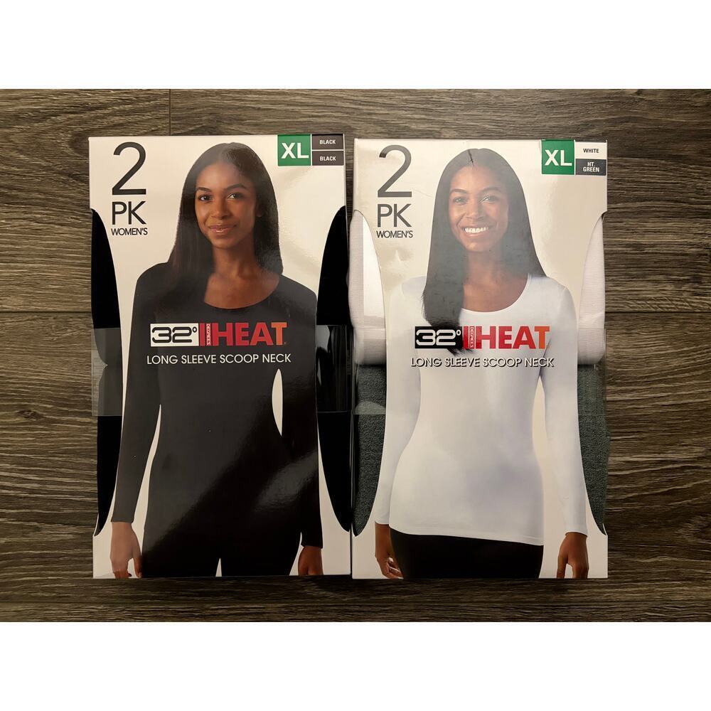 32 Degrees Heat Womens 2-Pack Long Sleeve Scoop Neck Tee, White/HT. Green, Black